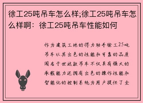 徐工25吨吊车怎么样;徐工25吨吊车怎么样啊：徐工25吨吊车性能如何