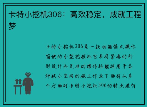 卡特小挖机306：高效稳定，成就工程梦